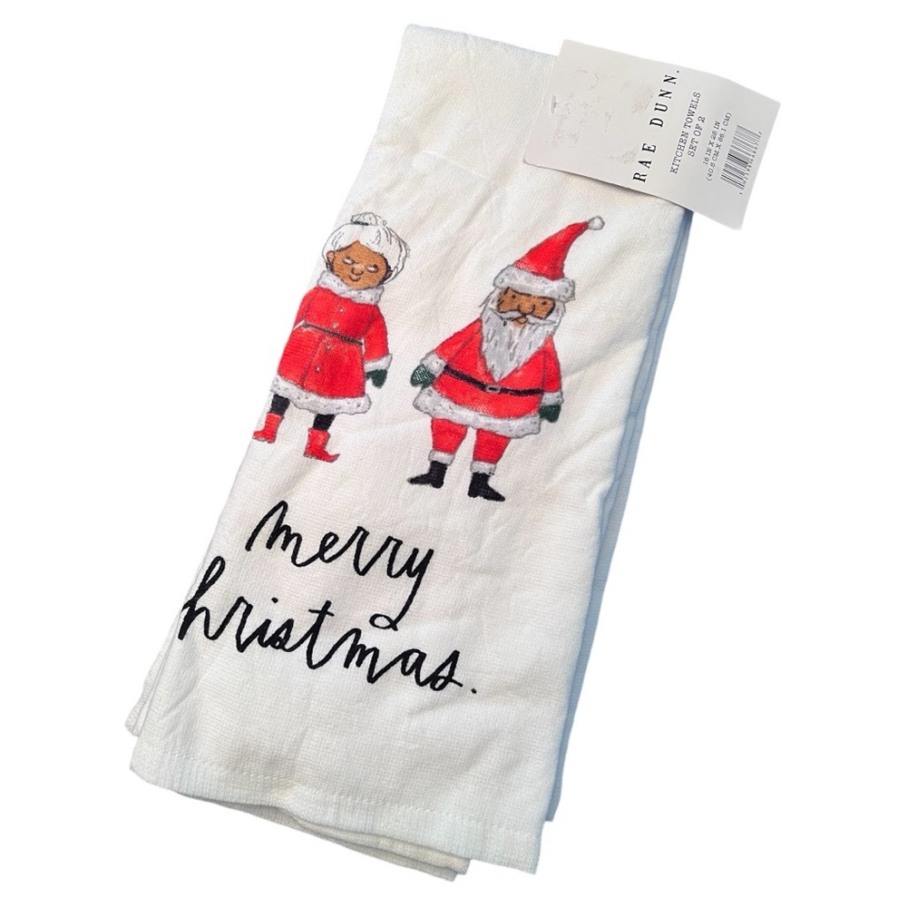 Rae Dunn Merry Christmas Santa Print Terry Kitchen Towels Set Of 2 16” x 26” NWT